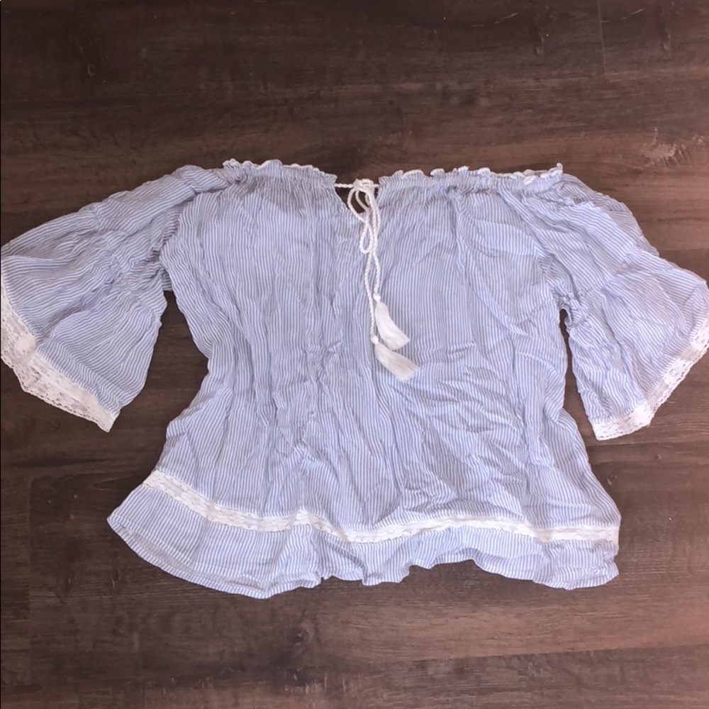 Off the shoulder blue and white striped blouse!